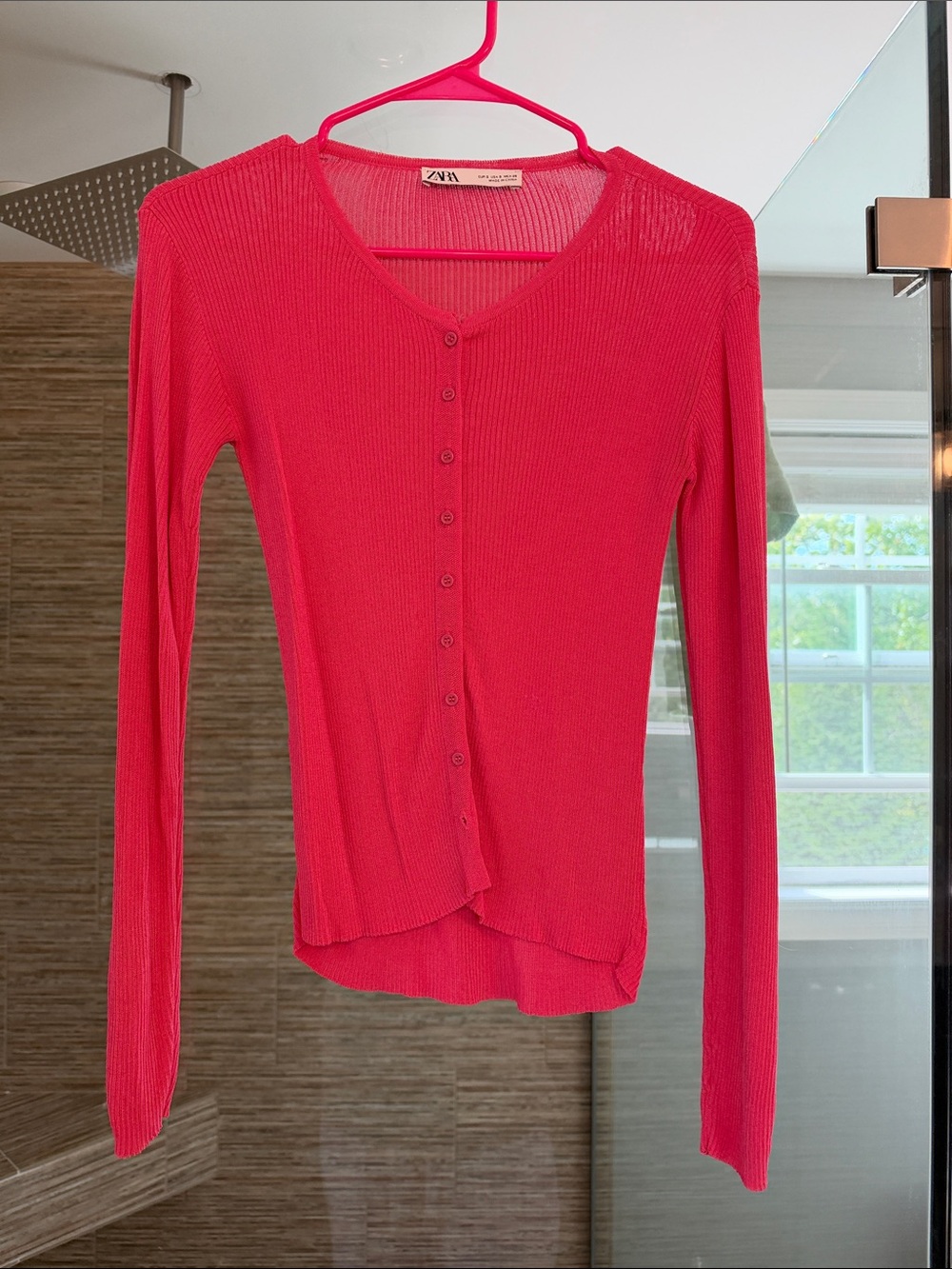 Zara Bright Pink Ribbed Button-Down Long Sleeve Top